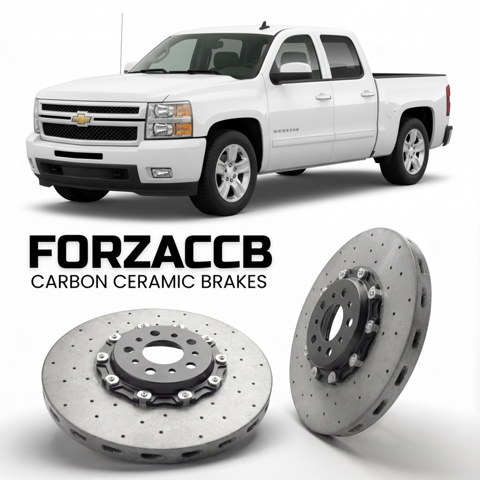 ForzaCCB direct OEM replacement carbon ceramic brake rotors for 2007 to 2014 Chevrolet Silverado 1500 II Crew Cab Standard Box models, shown with a white Chevrolet Silverado 1500 car.