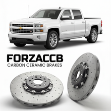 ForzaCCB direct OEM replacement carbon ceramic brake rotors for 2013 to 2016 Chevrolet Silverado 1500 III Crew Cab models, shown with a white Chevrolet Silverado 1500 car.