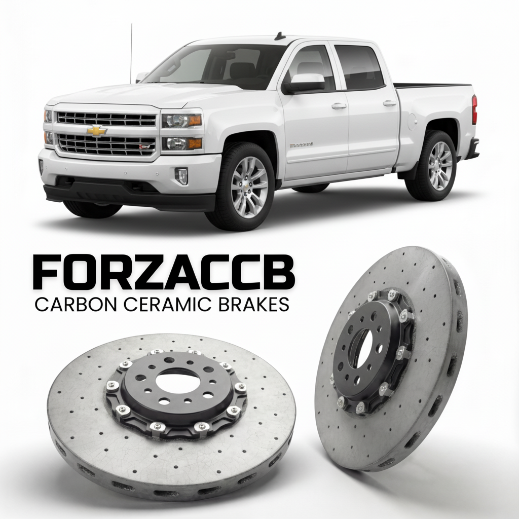 ForzaCCB direct OEM replacement carbon ceramic brake rotors for 2013 to 2016 Chevrolet Silverado 1500 III Crew Cab models, shown with a white Chevrolet Silverado 1500 car.