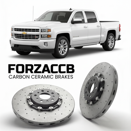 ForzaCCB direct OEM replacement carbon ceramic brake rotors for 2013 to 2016 Chevrolet Silverado 1500 III Crew Cab models, shown with a white Chevrolet Silverado 1500 car.