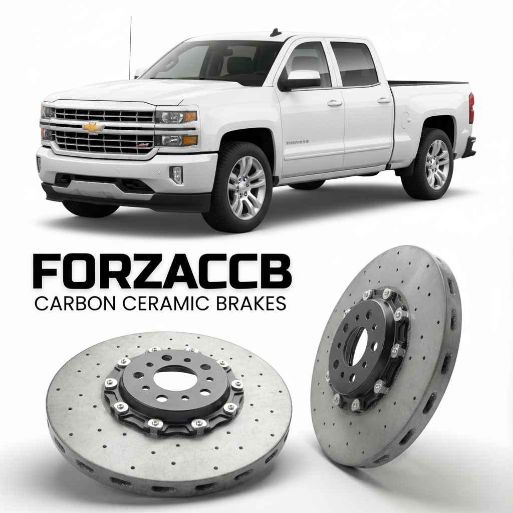 ForzaCCB direct OEM replacement carbon ceramic brake rotors for 2013 to 2016 Chevrolet Silverado 1500 III Double Cab models, shown with a white Chevrolet Silverado 1500 car.