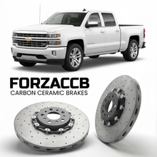 ForzaCCB direct OEM replacement carbon ceramic brake rotors for 2013 to 2016 Chevrolet Silverado 1500 III Double Cab models, shown with a white Chevrolet Silverado 1500 car.