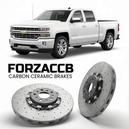 ForzaCCB direct OEM replacement carbon ceramic brake rotors for 2013 to 2016 Chevrolet Silverado 1500 III Double Cab models, shown with a white Chevrolet Silverado 1500 car.
