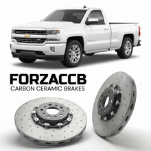 ForzaCCB direct OEM replacement carbon ceramic brake rotors for 2013 to 2016 Chevrolet Silverado 1500 III Regular Cab models, shown with a white Chevrolet Silverado 1500 car.