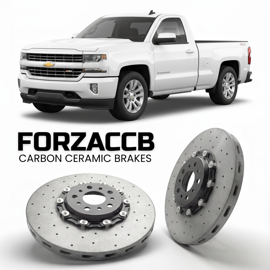 ForzaCCB direct OEM replacement carbon ceramic brake rotors for 2013 to 2016 Chevrolet Silverado 1500 III Regular Cab models, shown with a white Chevrolet Silverado 1500 car.
