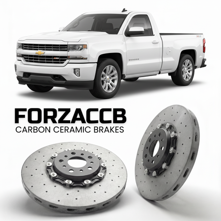 ForzaCCB direct OEM replacement carbon ceramic brake rotors for 2013 to 2016 Chevrolet Silverado 1500 III Regular Cab models, shown with a white Chevrolet Silverado 1500 car.