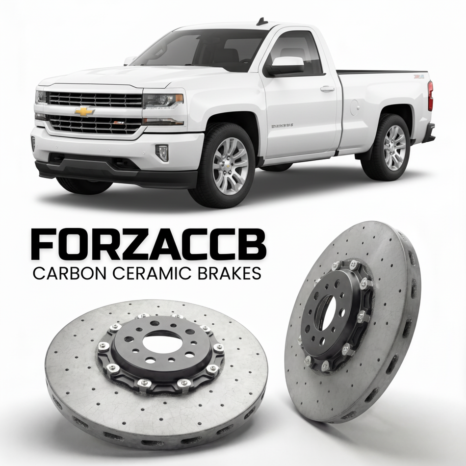 ForzaCCB direct OEM replacement carbon ceramic brake rotors for 2013 to 2016 Chevrolet Silverado 1500 III Regular Cab models, shown with a white Chevrolet Silverado 1500 car.