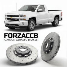 ForzaCCB direct OEM replacement carbon ceramic brake rotors for 2016-2018 Regular Cab Standard Box) Chevrolet Silverado 1500 III (facelift 2016 models, shown with a white Chevrolet Silverado 1500 car.