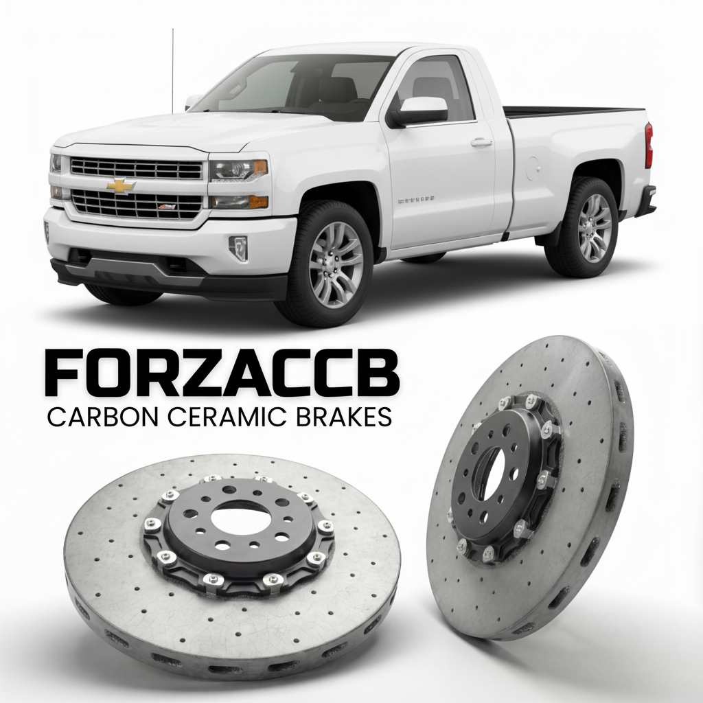 ForzaCCB direct OEM replacement carbon ceramic brake rotors for 2016-2018 Regular Cab Standard Box) Chevrolet Silverado 1500 III (facelift 2016 models, shown with a white Chevrolet Silverado 1500 car.