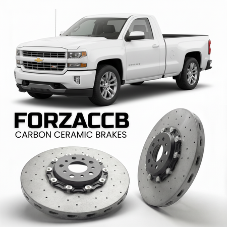 ForzaCCB direct OEM replacement carbon ceramic brake rotors for 2016-2018 Regular Cab Standard Box) Chevrolet Silverado 1500 III (facelift 2016 models, shown with a white Chevrolet Silverado 1500 car.