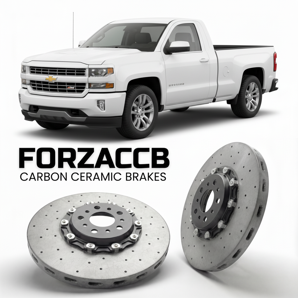 ForzaCCB direct OEM replacement carbon ceramic brake rotors for 2016-2018 Regular Cab Standard Box) Chevrolet Silverado 1500 III (facelift 2016 models, shown with a white Chevrolet Silverado 1500 car.