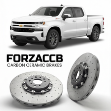 ForzaCCB direct OEM replacement carbon ceramic brake rotors for 2018 to 2021 Chevrolet Silverado 1500 IV Crew Cab Short Box models, shown with a white Chevrolet Silverado 1500 car.