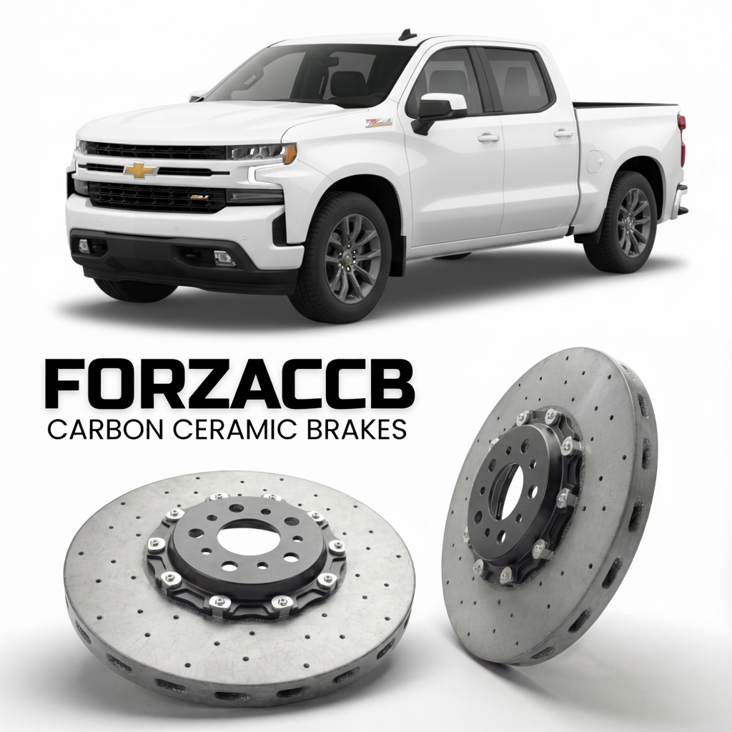 ForzaCCB direct OEM replacement carbon ceramic brake rotors for 2018 to 2021 Chevrolet Silverado 1500 IV Crew Cab Short Box models, shown with a white Chevrolet Silverado 1500 car.