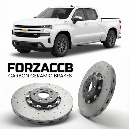 ForzaCCB direct OEM replacement carbon ceramic brake rotors for 2018 to 2021 Chevrolet Silverado 1500 IV Crew Cab Short Box models, shown with a white Chevrolet Silverado 1500 car.