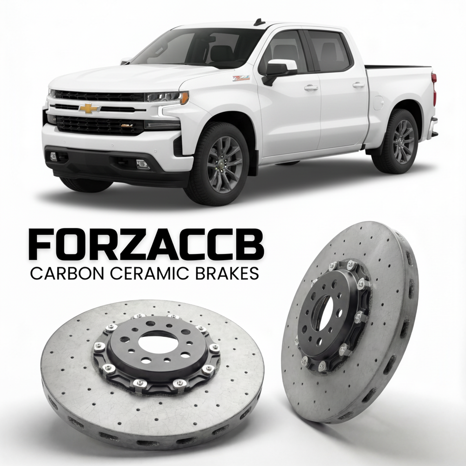 ForzaCCB direct OEM replacement carbon ceramic brake rotors for 2018 to 2021 Chevrolet Silverado 1500 IV Crew Cab Short Box models, shown with a white Chevrolet Silverado 1500 car.