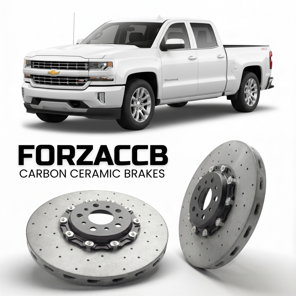ForzaCCB direct OEM replacement carbon ceramic brake rotors for 2018 to 2021 Chevrolet Silverado 1500 IV Crew Cab Standard Box models, shown with a white Chevrolet Silverado 1500 car.