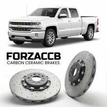ForzaCCB direct OEM replacement carbon ceramic brake rotors for 2018 to 2021 Chevrolet Silverado 1500 IV Crew Cab Standard Box models, shown with a white Chevrolet Silverado 1500 car.