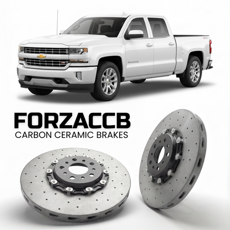 ForzaCCB direct OEM replacement carbon ceramic brake rotors for 2018 to 2021 Chevrolet Silverado 1500 IV Crew Cab Standard Box models, shown with a white Chevrolet Silverado 1500 car.
