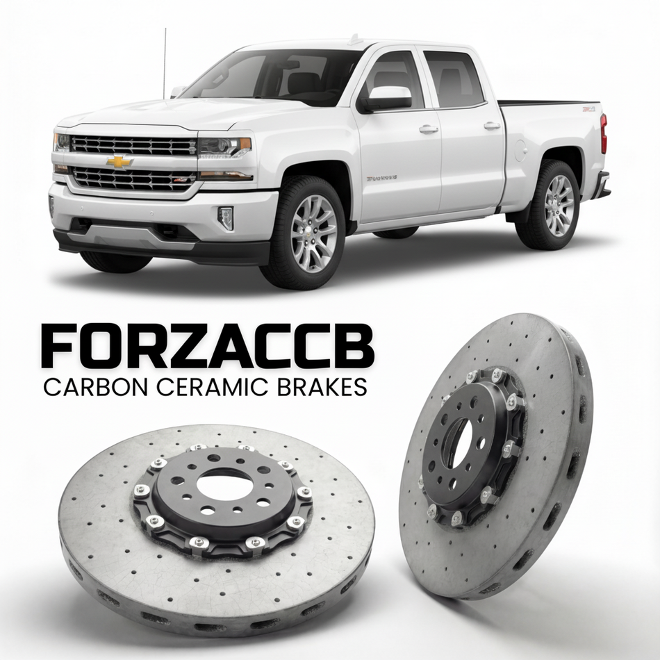 ForzaCCB direct OEM replacement carbon ceramic brake rotors for 2018 to 2021 Chevrolet Silverado 1500 IV Crew Cab Standard Box models, shown with a white Chevrolet Silverado 1500 car.