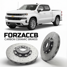 ForzaCCB direct OEM replacement carbon ceramic brake rotors for 2018 to 2021 Chevrolet Silverado 1500 IV Double Cab models, shown with a white Chevrolet Silverado 1500 car.