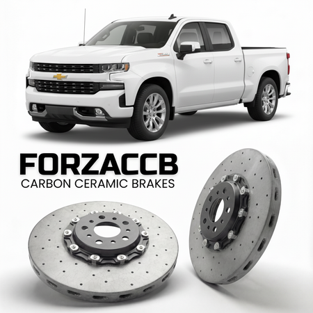 ForzaCCB direct OEM replacement carbon ceramic brake rotors for 2018 to 2021 Chevrolet Silverado 1500 IV Double Cab models, shown with a white Chevrolet Silverado 1500 car.