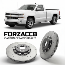 ForzaCCB direct OEM replacement carbon ceramic brake rotors for 2018 to 2021 Chevrolet Silverado 1500 IV Regular Cab Long Box models, shown with a white Chevrolet Silverado 1500 car.