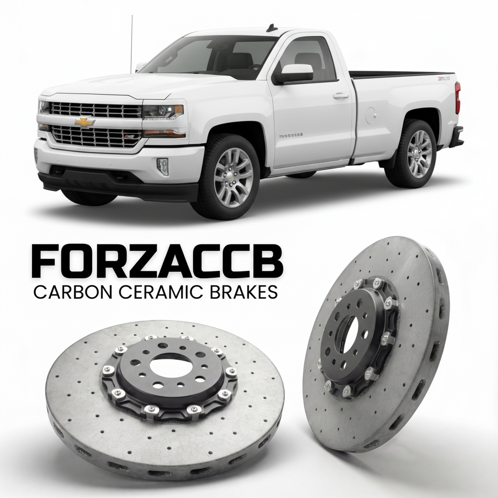 ForzaCCB direct OEM replacement carbon ceramic brake rotors for 2018 to 2021 Chevrolet Silverado 1500 IV Regular Cab Long Box models, shown with a white Chevrolet Silverado 1500 car.