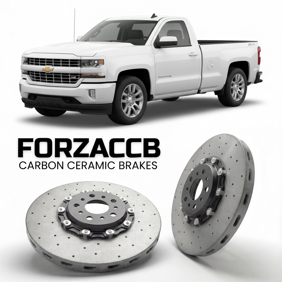 ForzaCCB direct OEM replacement carbon ceramic brake rotors for 2018 to 2021 Chevrolet Silverado 1500 IV Regular Cab Long Box models, shown with a white Chevrolet Silverado 1500 car.