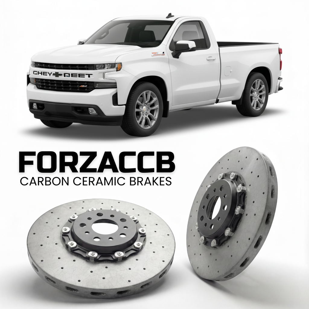 ForzaCCB direct OEM replacement carbon ceramic brake rotors for 2022+ Regular Cab Standard Box) Chevrolet Silverado 1500 IV (facelift 2022 models, shown with a white Chevrolet Silverado 1500 car.