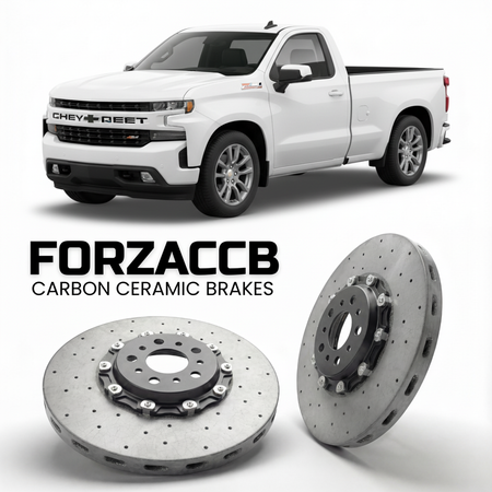 ForzaCCB direct OEM replacement carbon ceramic brake rotors for 2022+ Regular Cab Standard Box) Chevrolet Silverado 1500 IV (facelift 2022 models, shown with a white Chevrolet Silverado 1500 car.