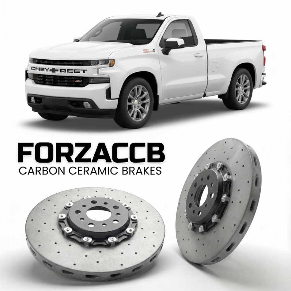 ForzaCCB direct OEM replacement carbon ceramic brake rotors for 2022+ Regular Cab Standard Box) Chevrolet Silverado 1500 IV (facelift 2022 models, shown with a white Chevrolet Silverado 1500 car.