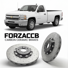 ForzaCCB direct OEM replacement carbon ceramic brake rotors for 2007-2010 Regular Cab Long Box) Chevrolet Silverado 2500 HD II (GMT900 models, shown with a white Chevrolet Silverado 2500 HD car.