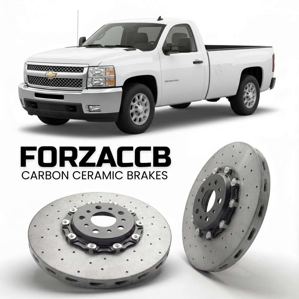 ForzaCCB direct OEM replacement carbon ceramic brake rotors for 2007-2010 Regular Cab Long Box) Chevrolet Silverado 2500 HD II (GMT900 models, shown with a white Chevrolet Silverado 2500 HD car.