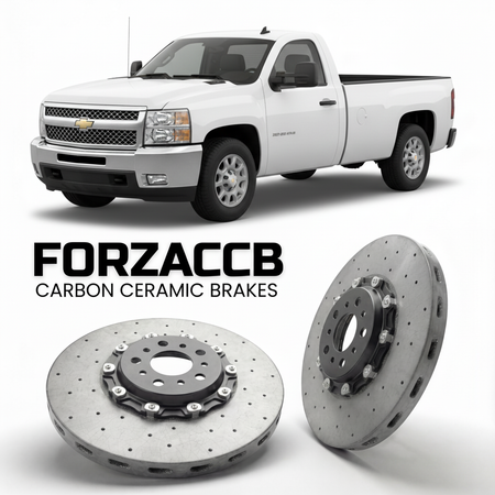 ForzaCCB direct OEM replacement carbon ceramic brake rotors for 2007-2010 Regular Cab Long Box) Chevrolet Silverado 2500 HD II (GMT900 models, shown with a white Chevrolet Silverado 2500 HD car.