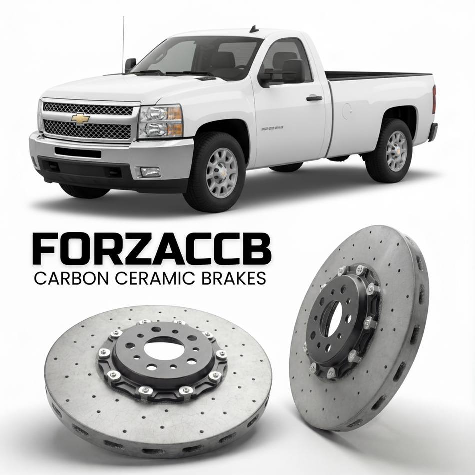ForzaCCB direct OEM replacement carbon ceramic brake rotors for 2007-2010 Regular Cab Long Box) Chevrolet Silverado 2500 HD II (GMT900 models, shown with a white Chevrolet Silverado 2500 HD car.