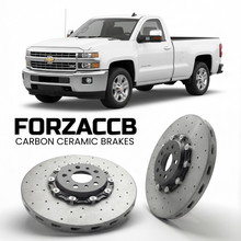 ForzaCCB direct OEM replacement carbon ceramic brake rotors for 2011-2014 Regular Cab Long Box) Chevrolet Silverado 2500 HD II (GMT900, facelift 2011 models, shown with a white Chevrolet Silverado 2500 HD car.
