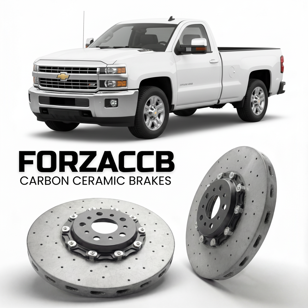 ForzaCCB direct OEM replacement carbon ceramic brake rotors for 2011-2014 Regular Cab Long Box) Chevrolet Silverado 2500 HD II (GMT900, facelift 2011 models, shown with a white Chevrolet Silverado 2500 HD car.