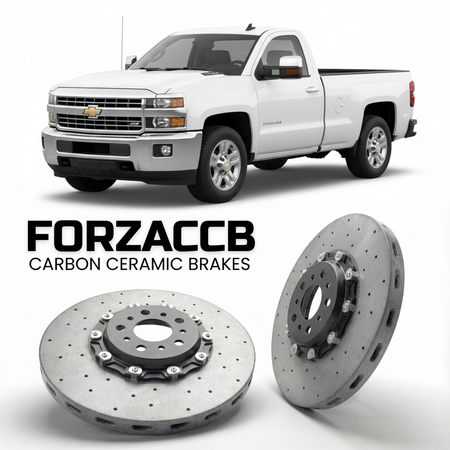 ForzaCCB direct OEM replacement carbon ceramic brake rotors for 2011-2014 Regular Cab Long Box) Chevrolet Silverado 2500 HD II (GMT900, facelift 2011 models, shown with a white Chevrolet Silverado 2500 HD car.