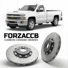 ForzaCCB direct OEM replacement carbon ceramic brake rotors for 2015-2019 Regular Cab Long Box) Chevrolet Silverado 2500 HD III (K2XX models, shown with a white Chevrolet Silverado 2500 HD car.