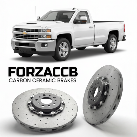 ForzaCCB direct OEM replacement carbon ceramic brake rotors for 2015-2019 Regular Cab Long Box) Chevrolet Silverado 2500 HD III (K2XX models, shown with a white Chevrolet Silverado 2500 HD car.