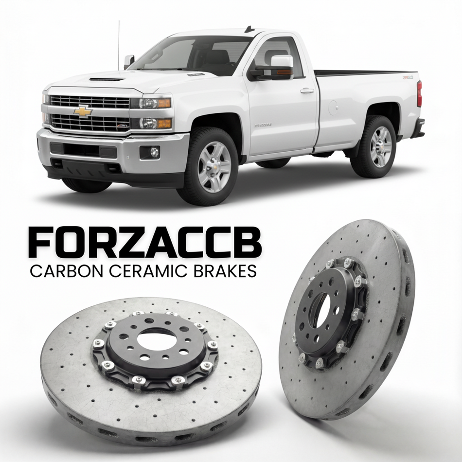 ForzaCCB direct OEM replacement carbon ceramic brake rotors for 2015-2019 Regular Cab Long Box) Chevrolet Silverado 2500 HD III (K2XX models, shown with a white Chevrolet Silverado 2500 HD car.