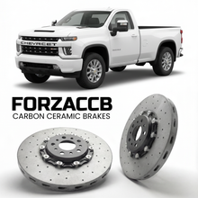 ForzaCCB direct OEM replacement carbon ceramic brake rotors for 2020-2023 Regular Cab Long Bed) Chevrolet Silverado 2500 HD IV (T1XX models, shown with a white Chevrolet Silverado 2500 HD car.