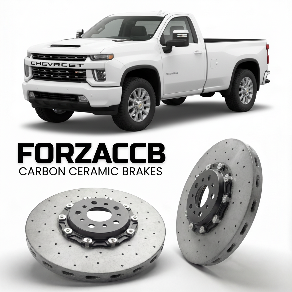 ForzaCCB direct OEM replacement carbon ceramic brake rotors for 2020-2023 Regular Cab Long Bed) Chevrolet Silverado 2500 HD IV (T1XX models, shown with a white Chevrolet Silverado 2500 HD car.