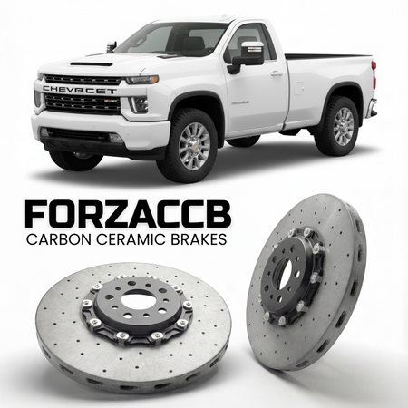 ForzaCCB direct OEM replacement carbon ceramic brake rotors for 2020-2023 Regular Cab Long Bed) Chevrolet Silverado 2500 HD IV (T1XX models, shown with a white Chevrolet Silverado 2500 HD car.