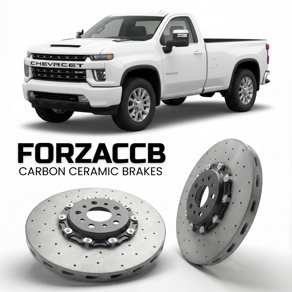 ForzaCCB direct OEM replacement carbon ceramic brake rotors for 2020-2023 Regular Cab Long Bed) Chevrolet Silverado 2500 HD IV (T1XX models, shown with a white Chevrolet Silverado 2500 HD car.