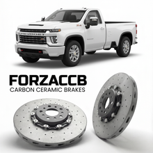 ForzaCCB direct OEM replacement carbon ceramic brake rotors for 2023+ Regular Cab Long Bed) Chevrolet Silverado 2500 HD IV (T1XX, facelift 2024 models, shown with a white Chevrolet Silverado 2500 HD car.