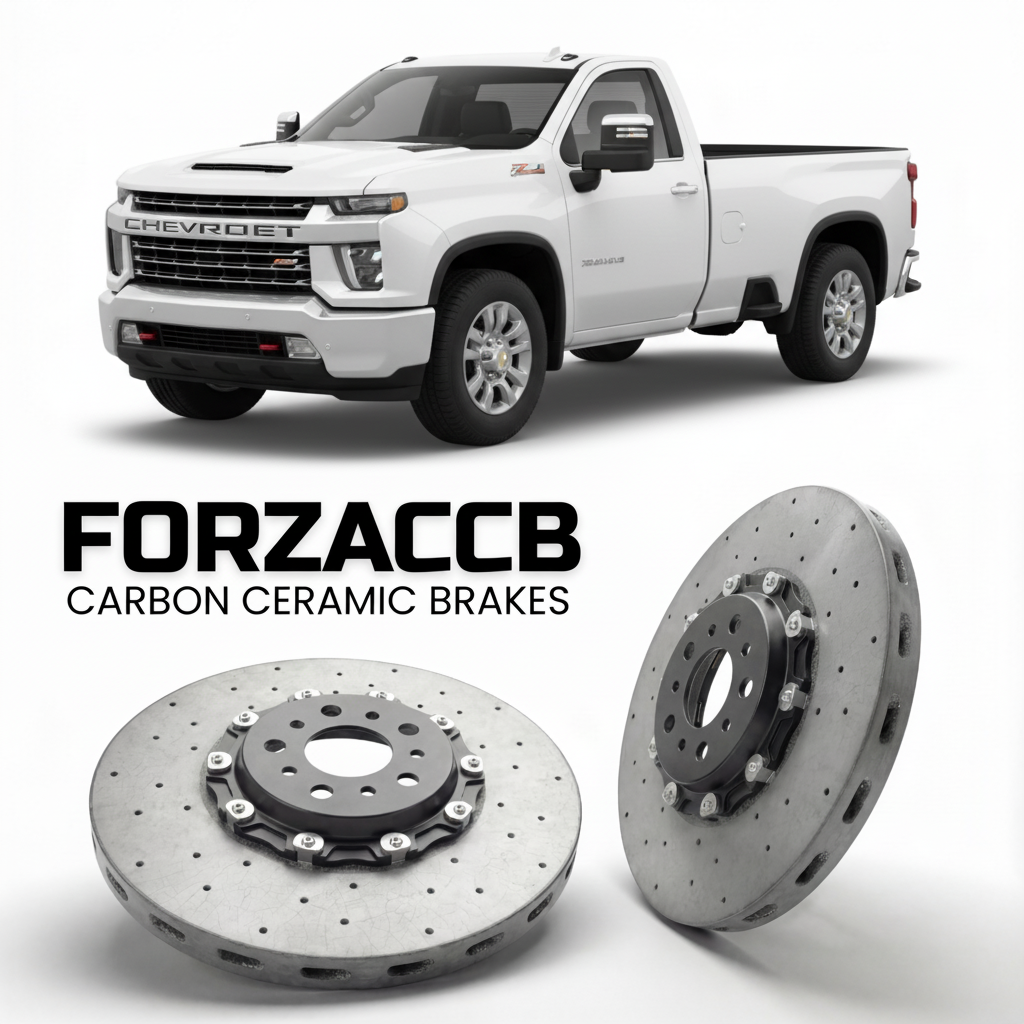 ForzaCCB direct OEM replacement carbon ceramic brake rotors for 2023+ Regular Cab Long Bed) Chevrolet Silverado 2500 HD IV (T1XX, facelift 2024 models, shown with a white Chevrolet Silverado 2500 HD car.