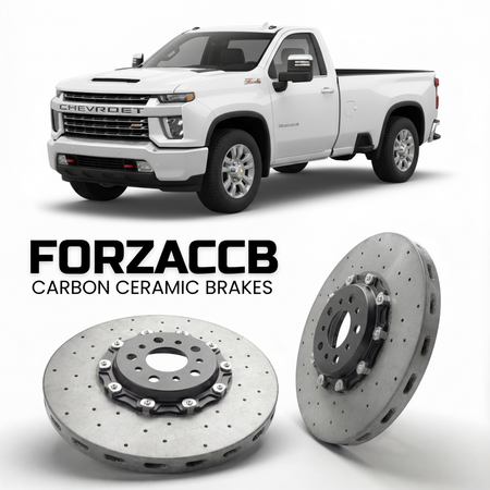 ForzaCCB direct OEM replacement carbon ceramic brake rotors for 2023+ Regular Cab Long Bed) Chevrolet Silverado 2500 HD IV (T1XX, facelift 2024 models, shown with a white Chevrolet Silverado 2500 HD car.