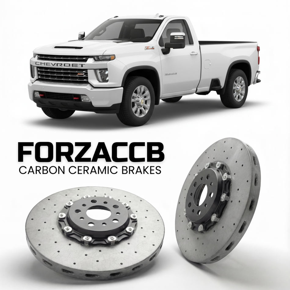 ForzaCCB direct OEM replacement carbon ceramic brake rotors for 2023+ Regular Cab Long Bed) Chevrolet Silverado 2500 HD IV (T1XX, facelift 2024 models, shown with a white Chevrolet Silverado 2500 HD car.