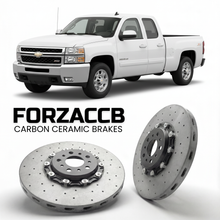 ForzaCCB direct OEM replacement carbon ceramic brake rotors for 2005-2006 Crew Cab) Chevrolet Silverado 3500 HD I (facelift 2003 models, shown with a white Chevrolet Silverado 3500 HD car.